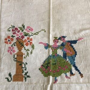 Antique 34” square cross-stitch piece dated April 2, 1928